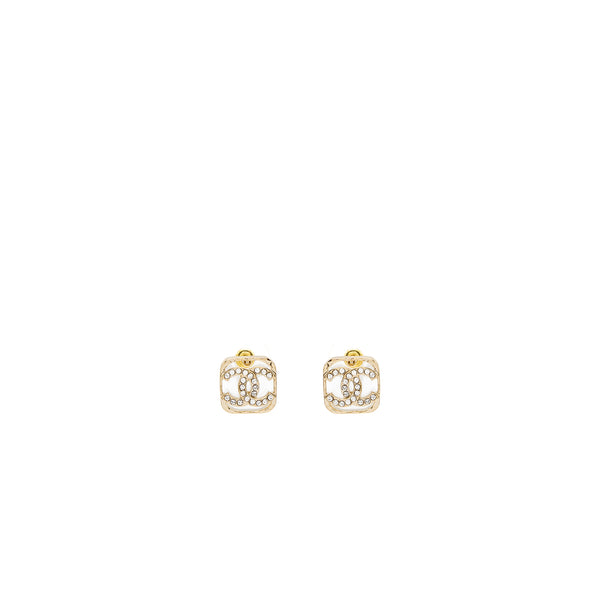 Chanel Square CC Logo Earrings Crystal Light Gold Tone
