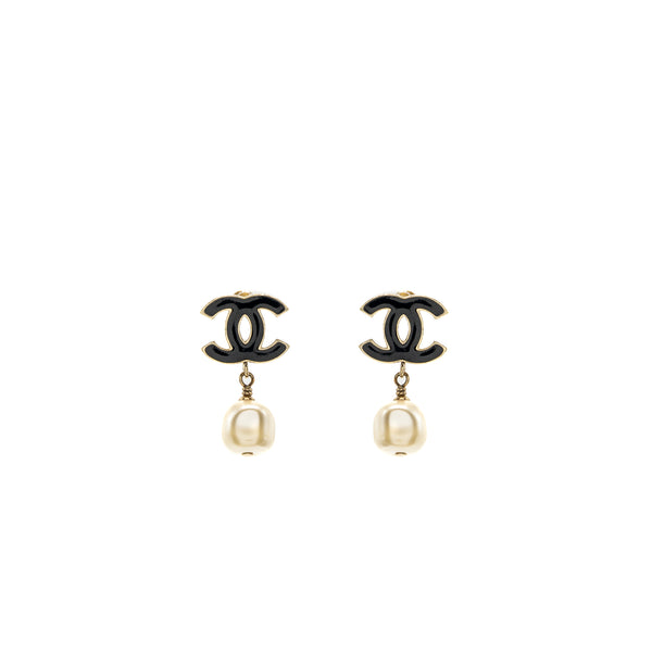 Chanel CC Logo Earring Pearl Drop Black/Light Gold Tone