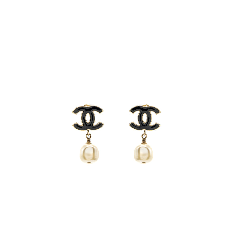 Chanel CC Logo Earring Pearl Drop Black/Light Gold Tone