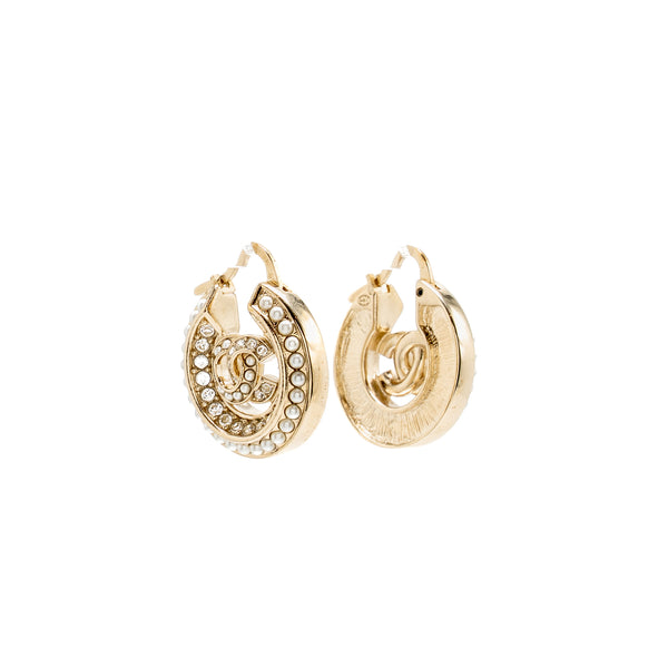 Chanel CC Hoop Earrings Pearl/Crystal Light Gold Tone