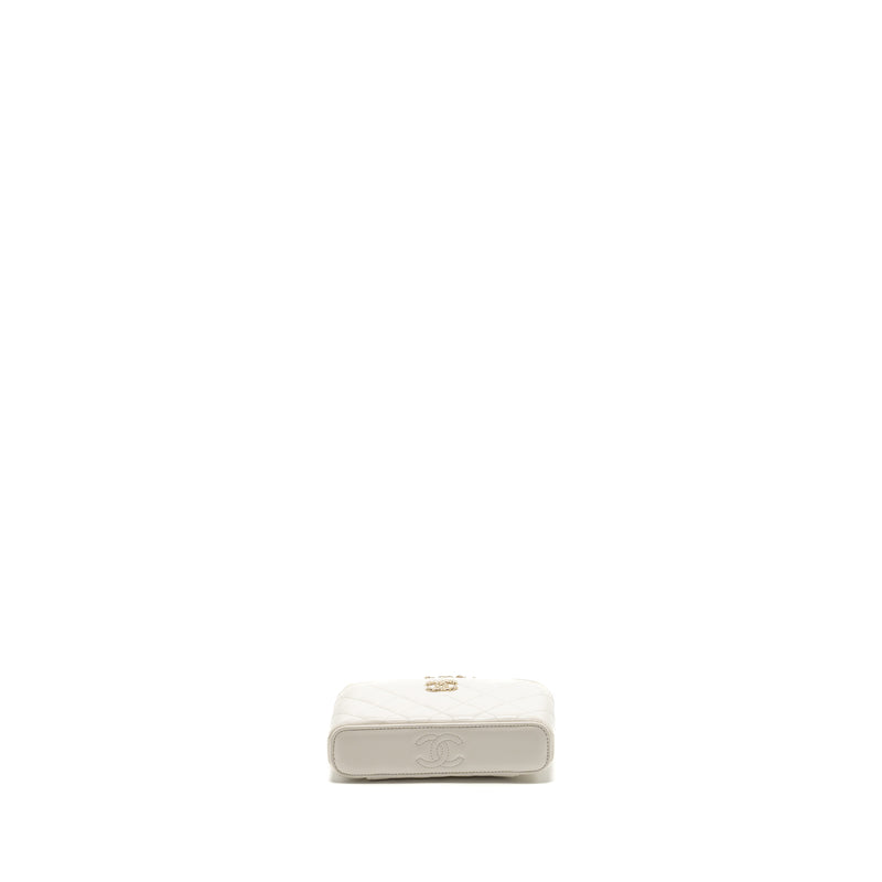 Chanel 23k Camellia Top Handle Long Vanity Case With Chain Calfskin White LGHW (Microchip)