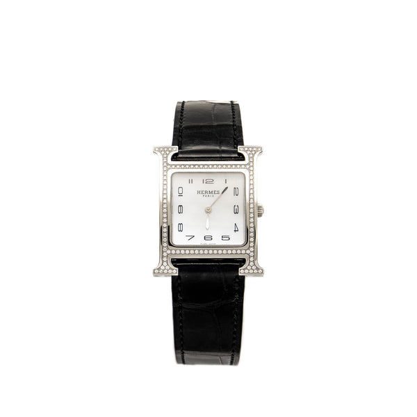 HERMES Heure H Watch medium model 30mm steel with diamonds, white mother-of-pearl dial with black alligators strap