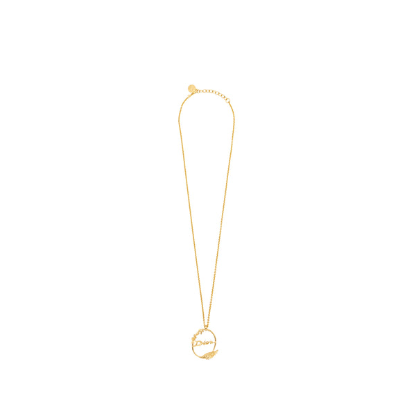 DIor Flora and Wing Circle Pendant Necklace Gold Tone