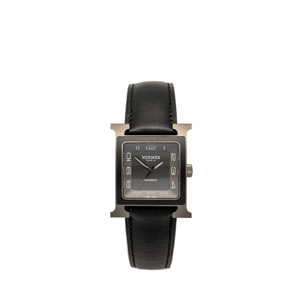 Hermes Heure H Watch Large Model, 34MM Titanium Case, Black Dial With Black Barenia Calfskin Strap