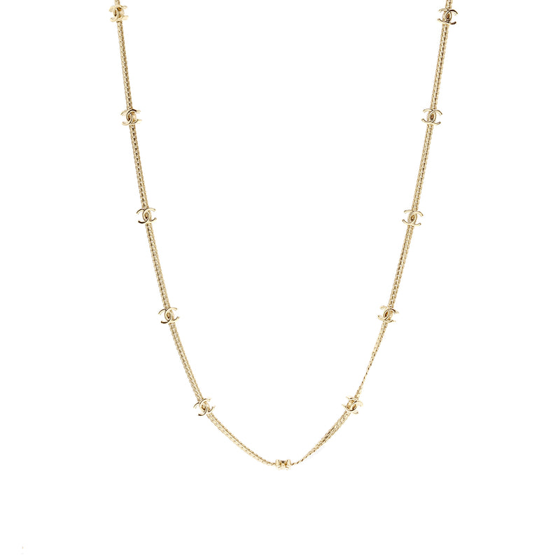 Chanel CC Logo Long Necklace Light Gold Tone