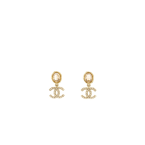 CHANEL Pearl CC Logo Drop Earrings Crystal Light Gold Tone