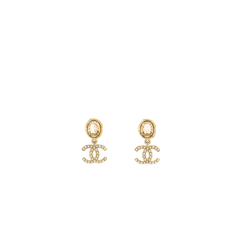 CHANEL Pearl CC Logo Drop Earrings Crystal Light Gold Tone