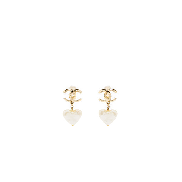 Chanel CC Logo Heart Drop Earclips Light Gold Tone