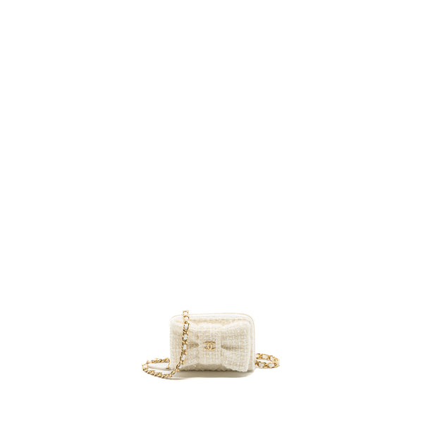 Chanel Mini Bow Card Holder With Chain Tweed White LGHW(Microchip)