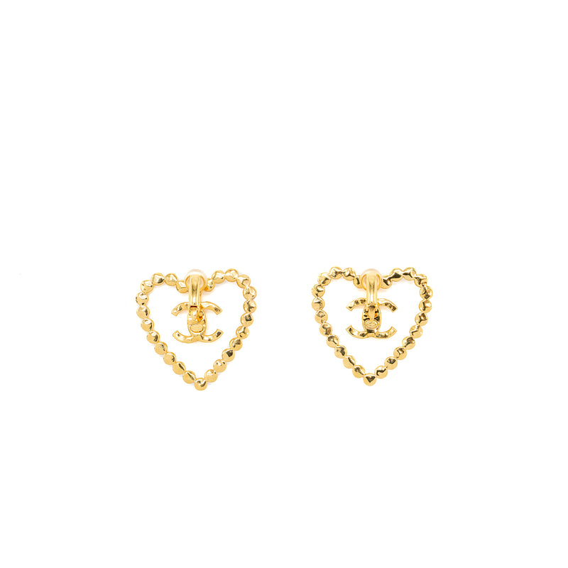 Chanel Giant heart and cc logo ear clips with crystal gold tone