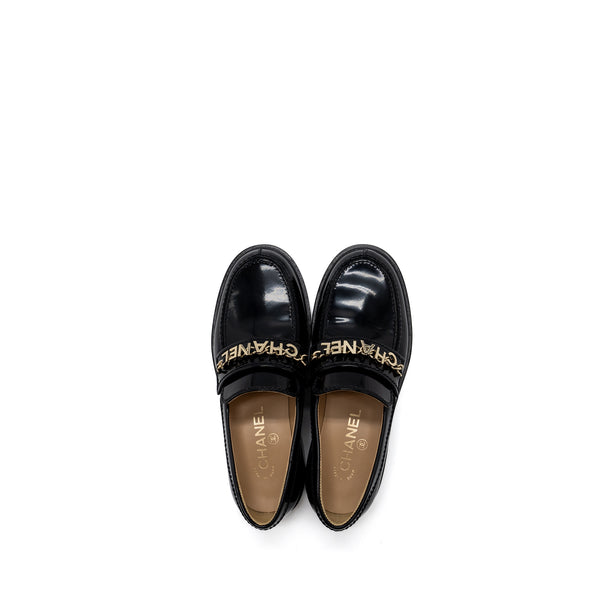 chanel size 36 letter loafer patent leather black LGHW