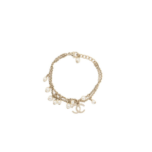 Chanel Double Chain Bracelet with CC logo and pearl  light gold tone