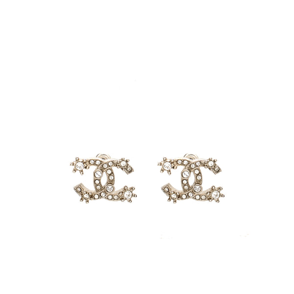 Chanel Crystal CC Logo Earrings Ruthenium Silver Tone