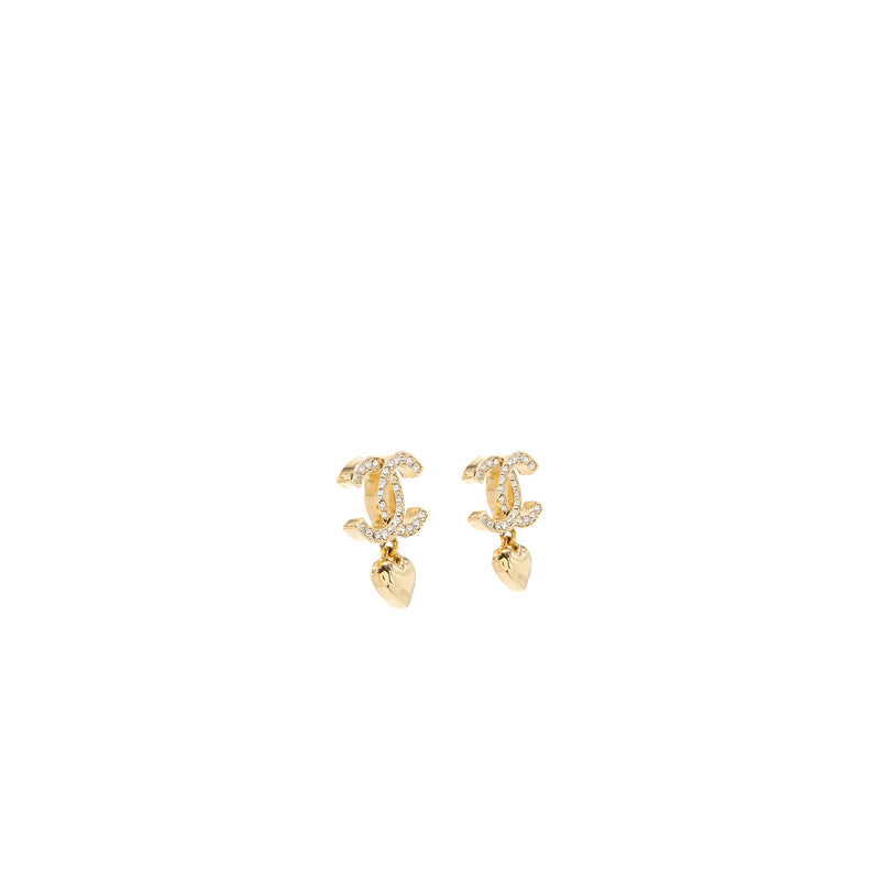 Chanel CC Logo Heart Earrings Crystal GHW