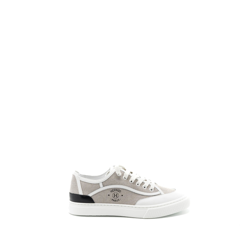 Hermes size 37 get sneaker calfskin / canvas prunoir / blanc
