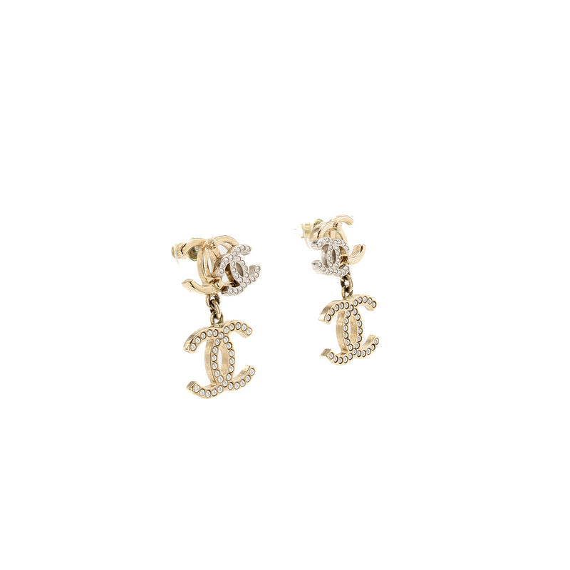 Chanel Triple CC Logo Earrings Light gold tone