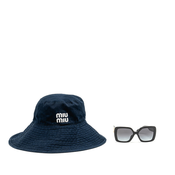 Miu Miu Size S Drill Hat Cotton Dark Blue and Logo Sunglasses Black (Sell in Set)
