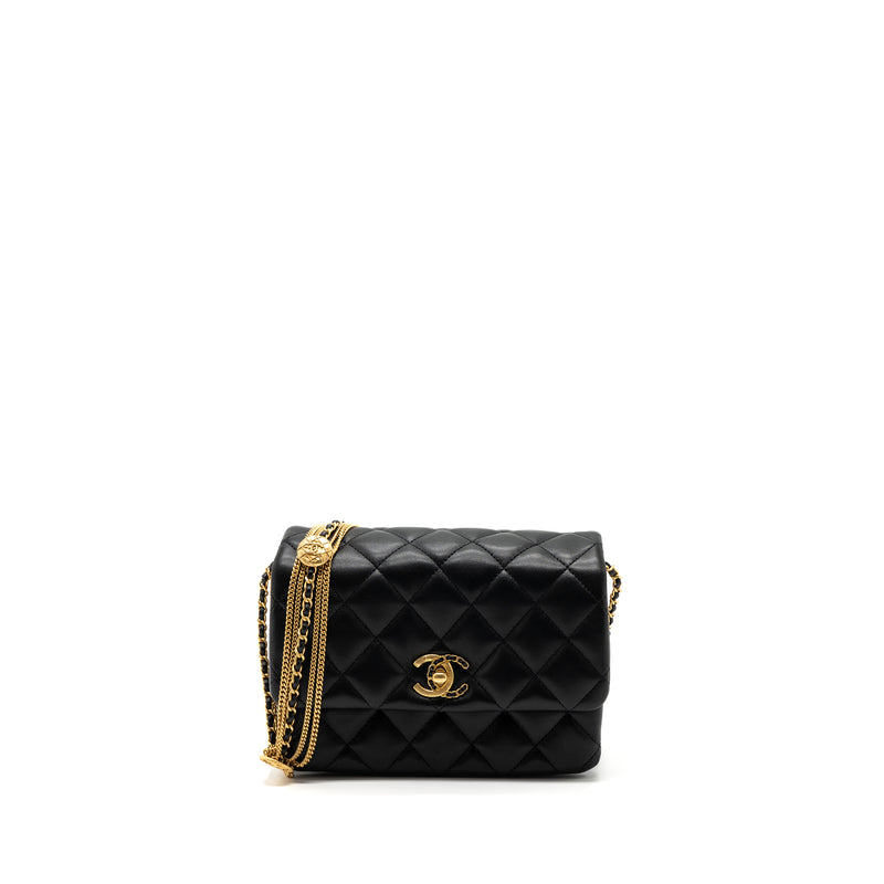 Chanel 22a Button On Chain Flap Shoulder Bag Lambskin Black Brushed GH