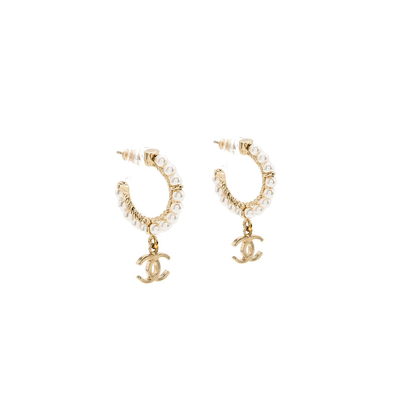 Chanel CC Drop Hoop Earrings Pearl Light Gold Tone