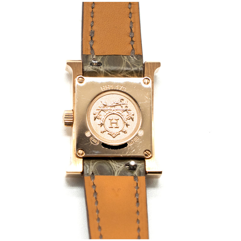 Hermes Heure H Watch Mini Model, 21MM Rose Gold with diamonds, Alligator strap Gris Elephant Grey