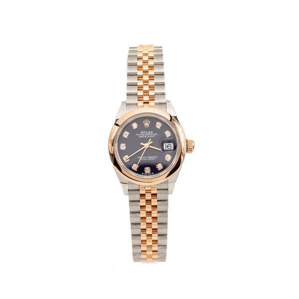 Rolex 28mm Lady-Datejust Oystersteel, Everose Gold Aubergine, Diamond-set Dial Jubilee Bracelet Model: 279161