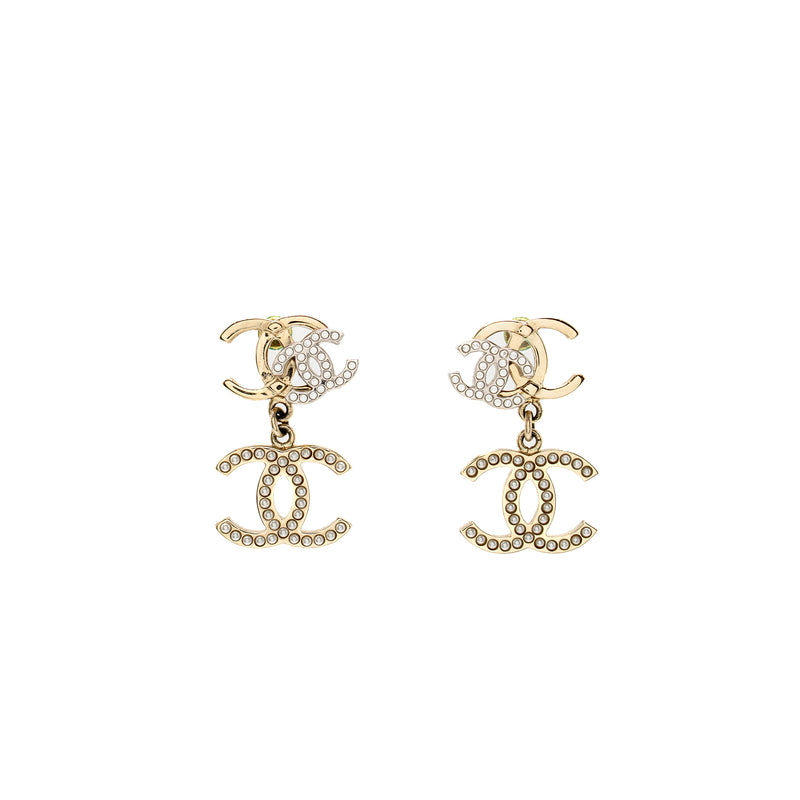 Chanel Triple CC Logo Earrings Light gold tone