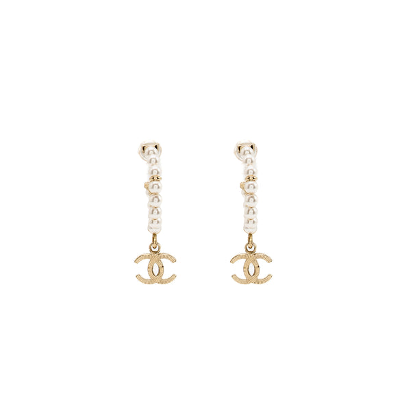 Chanel CC Drop Hoop Earrings Pearl Light Gold Tone