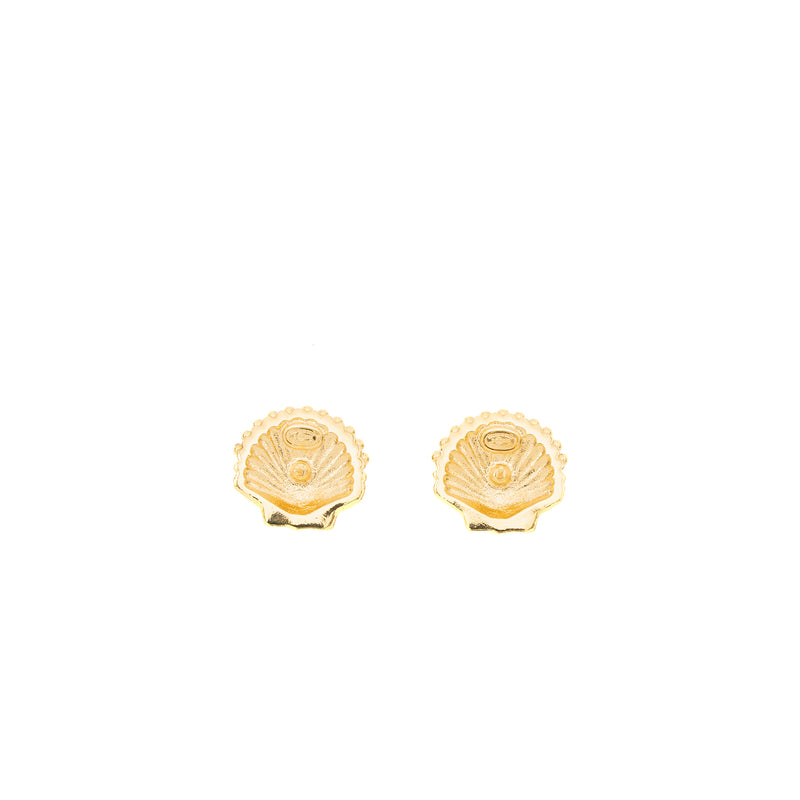 Chanel Shell CC Logo Earrings Crystal Gold Tone