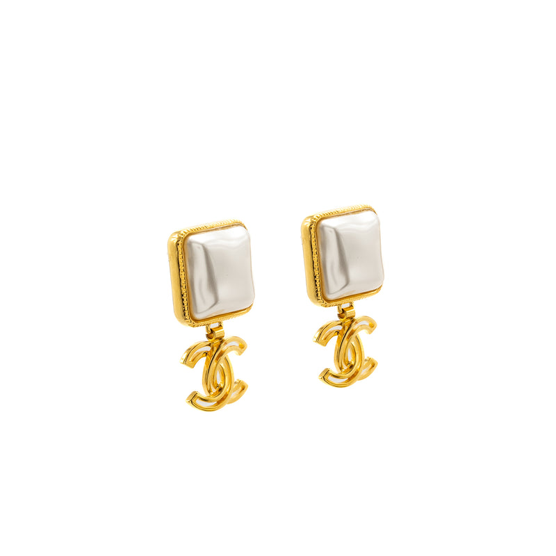 Chanel CC Logo Drop Square Pearl Earrings Gold Tone