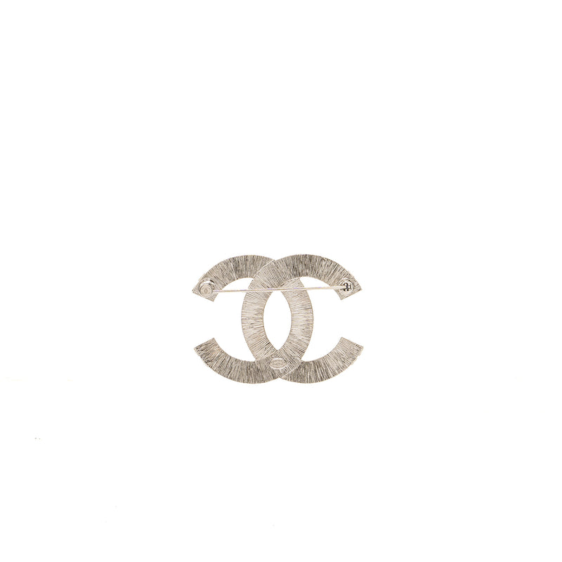 Chanel CC logo crystal brooch silver tone