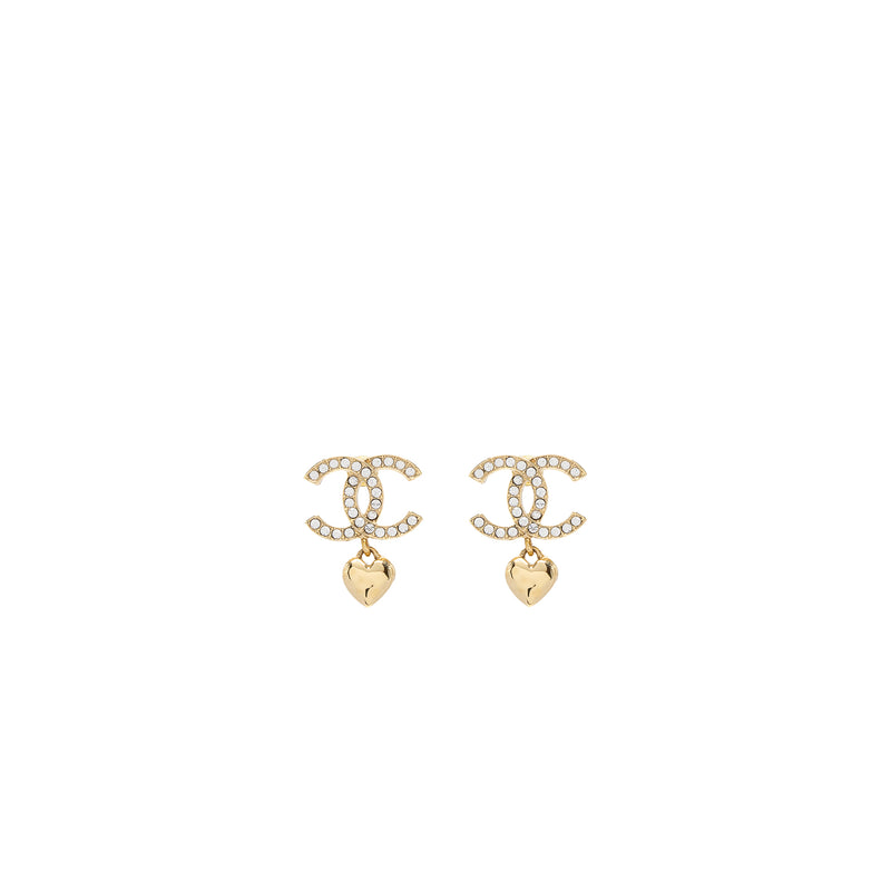 Chanel CC Logo Heart Earrings Crystal GHW