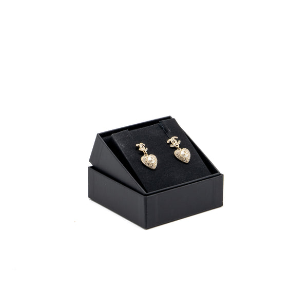 Chanel Heart Drop CC logo Earrings Crystal Light Gold Tone