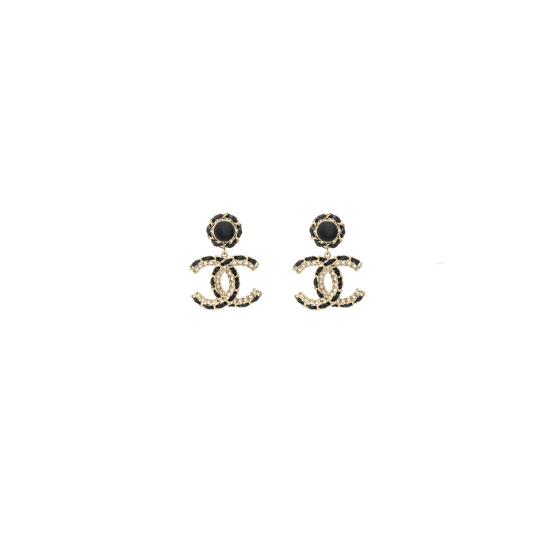 Chanel Giant Leather Chain CC Logo Dropped Earrings Light Gold Tone