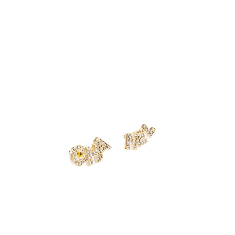 Chanel Crystal Letter Logo Earring Light Gold Tone