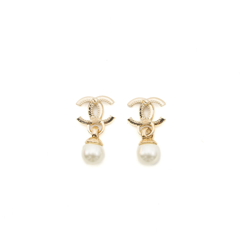 Chanel 22K CC Logo Drop Earrings Crystal/Pearl Light Gold Tone