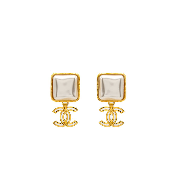 Chanel CC Logo Drop Square Pearl Earrings Gold Tone