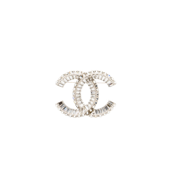 Chanel CC logo crystal brooch silver tone