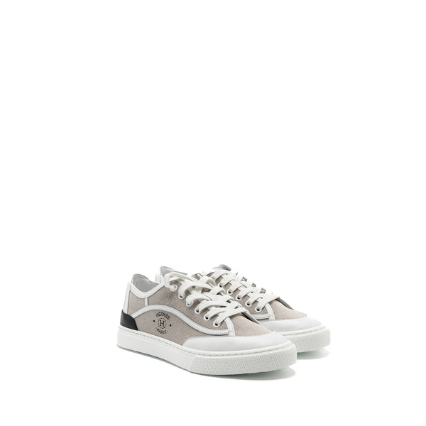 Hermes size 37 get sneaker calfskin / canvas prunoir / blanc