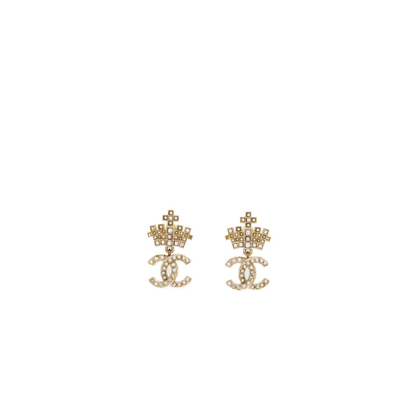 Chanel CC Logo Drop Crown Earrings Crystal/Pearl Light Gold Tone