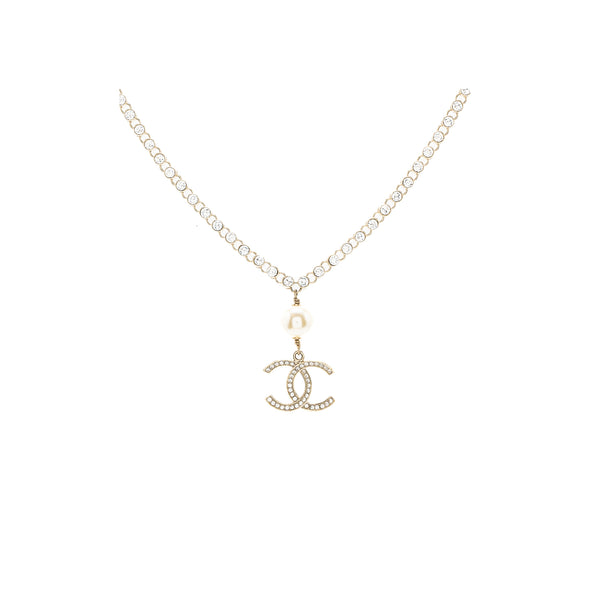 Chanel CC Logo Drop Chocker Crystal/Pearl Light Gold Tone