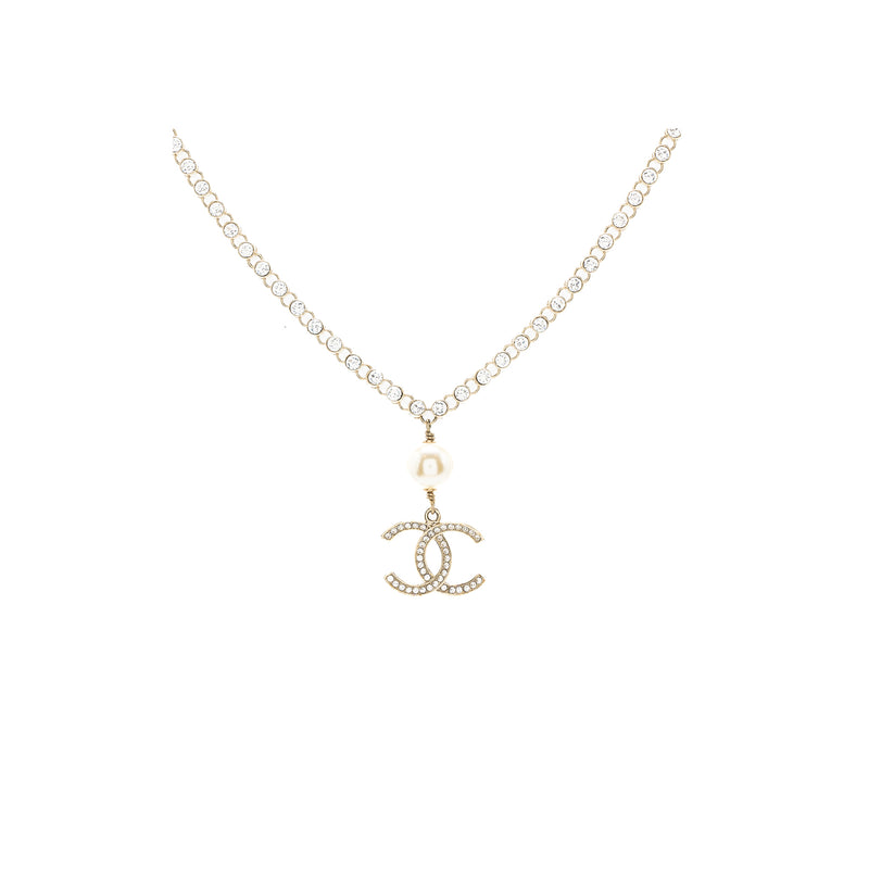 Chanel CC Logo Drop Chocker Crystal/Pearl Light Gold Tone