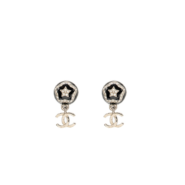 Chanel 23K CC Drop Round Star Earrings Crystal Black Silver Tone