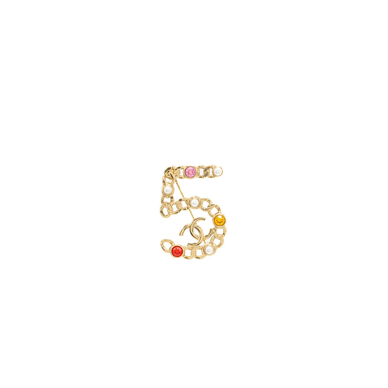 Chanel No 5 and CC Logo Brooch with Pearl/Crystal Multicolour Gold Tone