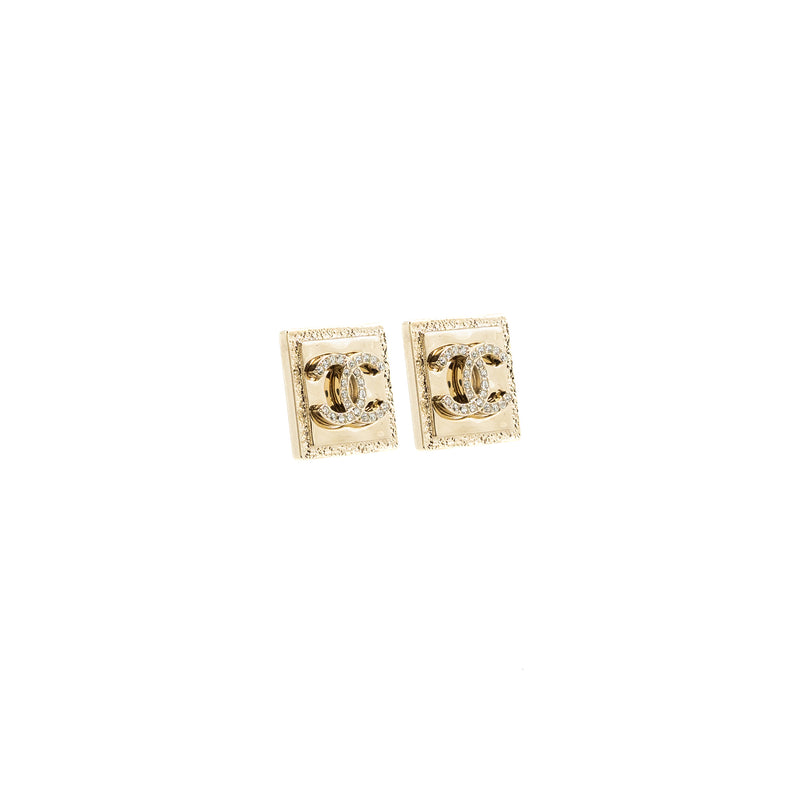 Chanel Square CC logo Earrings Crystal Light Gold Tone