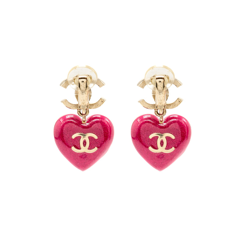 Chanel double face Pink Crystal heart dropped cc logo ear clips light gold tone