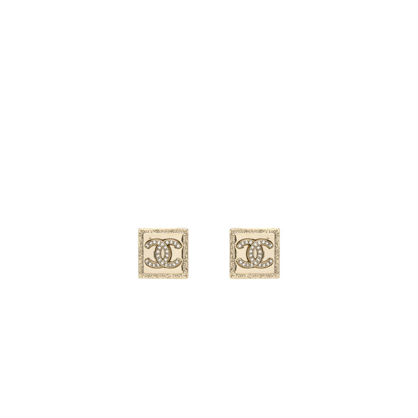 Chanel square CC Logo earring with crystal Light Gold Tone