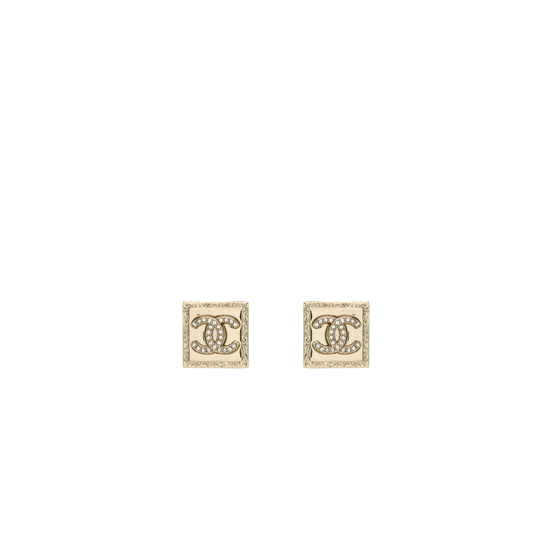 Chanel square CC Logo earring with crystal Light Gold Tone