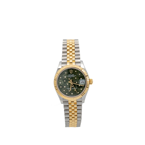 Rolex Datejust 31 oystersteel and yellow gold olive-green floral motif, diamond-set dial, jubilee bracelet model: m278273-0032