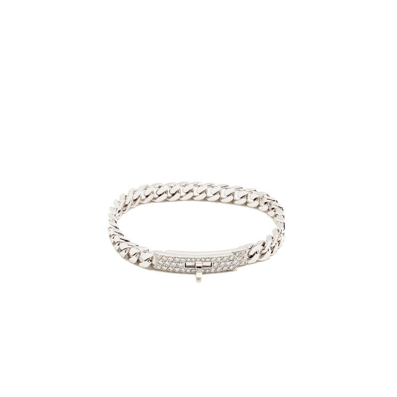Hermes Size ST Kelly Gourmette Bracelet, Very Small Model, White Gold/Diamonds