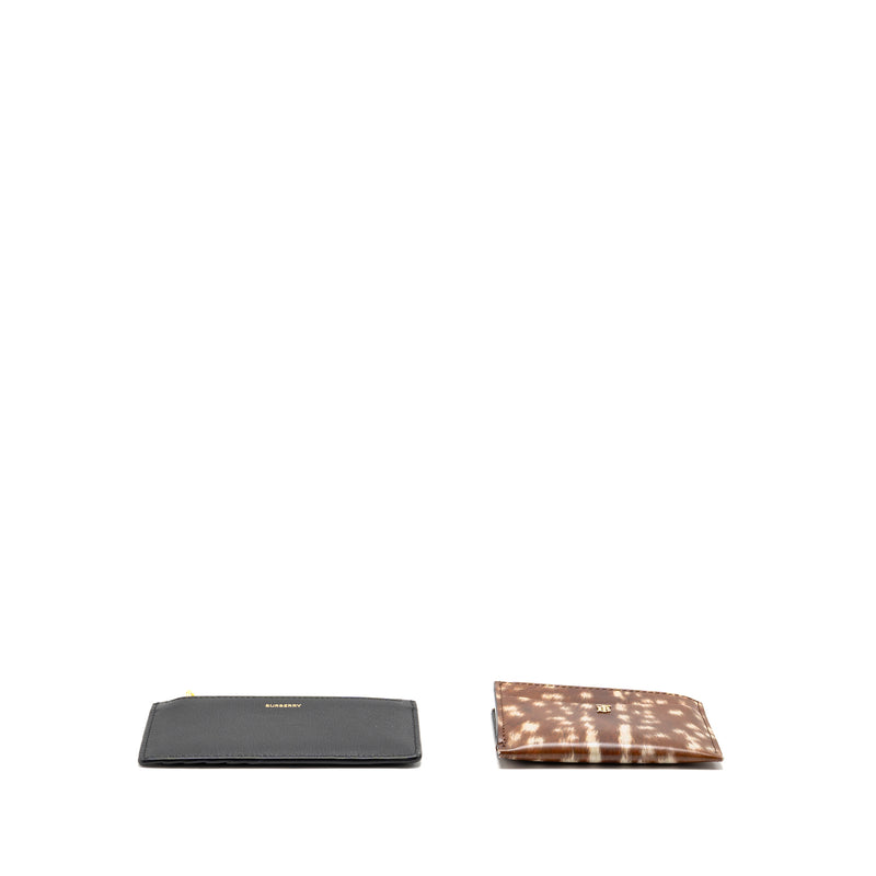 Burberry Brown Deer Print Zip Card Case, Leather Black Zip Card Holder GHW (sell in a set)